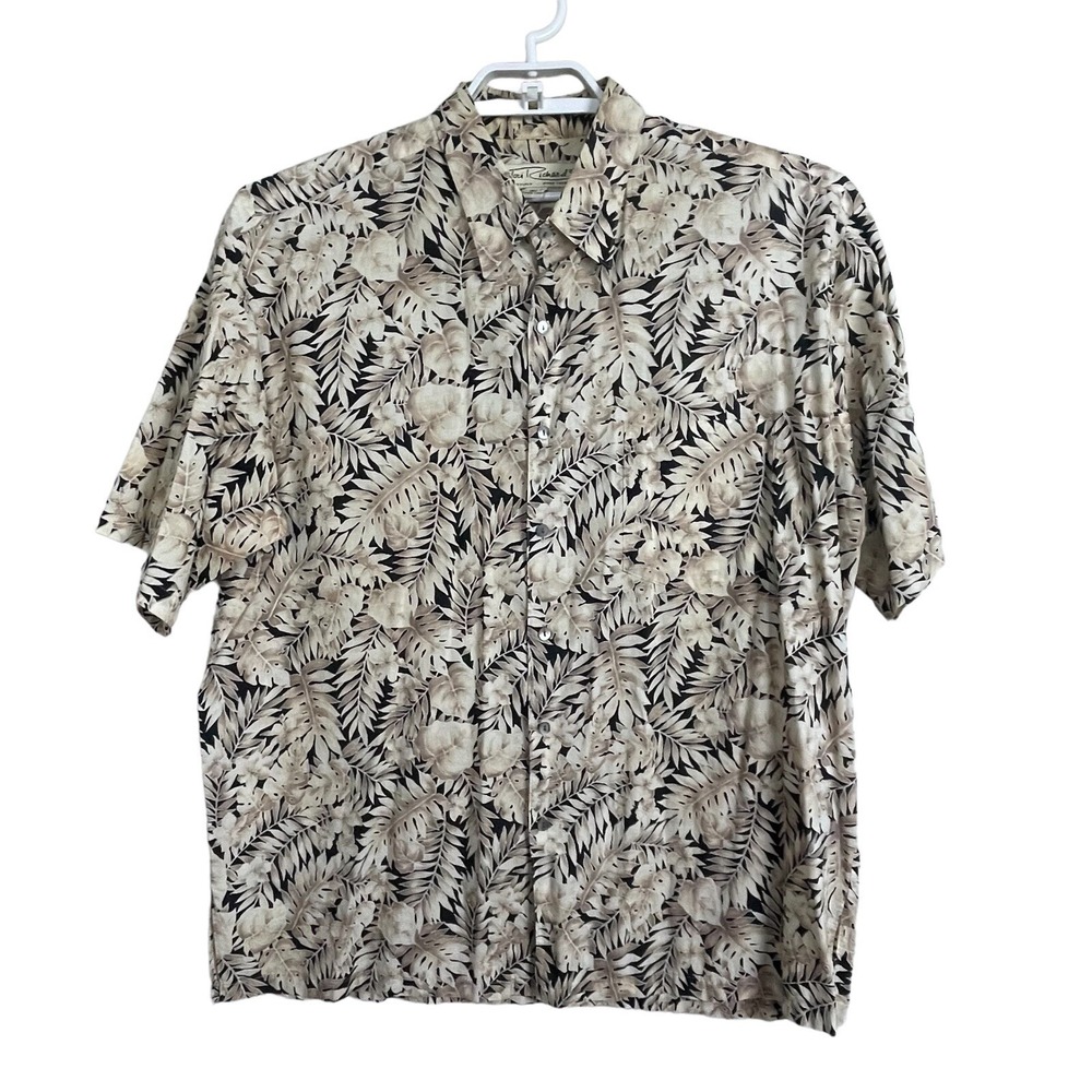 Tori Richard Shirt Men XL Tan Black Tropical Camp Cotton Lawn Button Up Hawaii